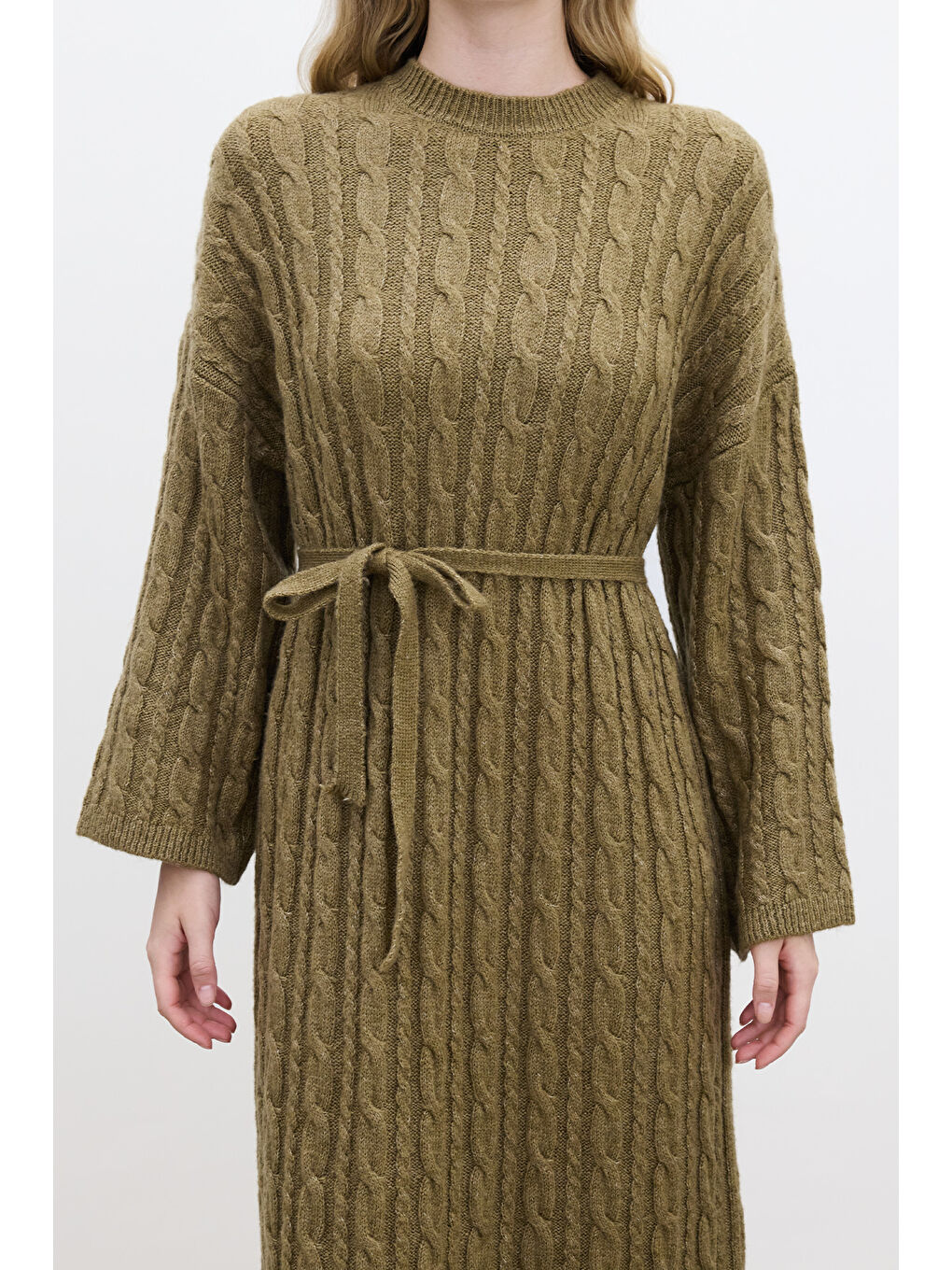 Kahverengi Saç Örgülü Triko Elbise Toprak-7