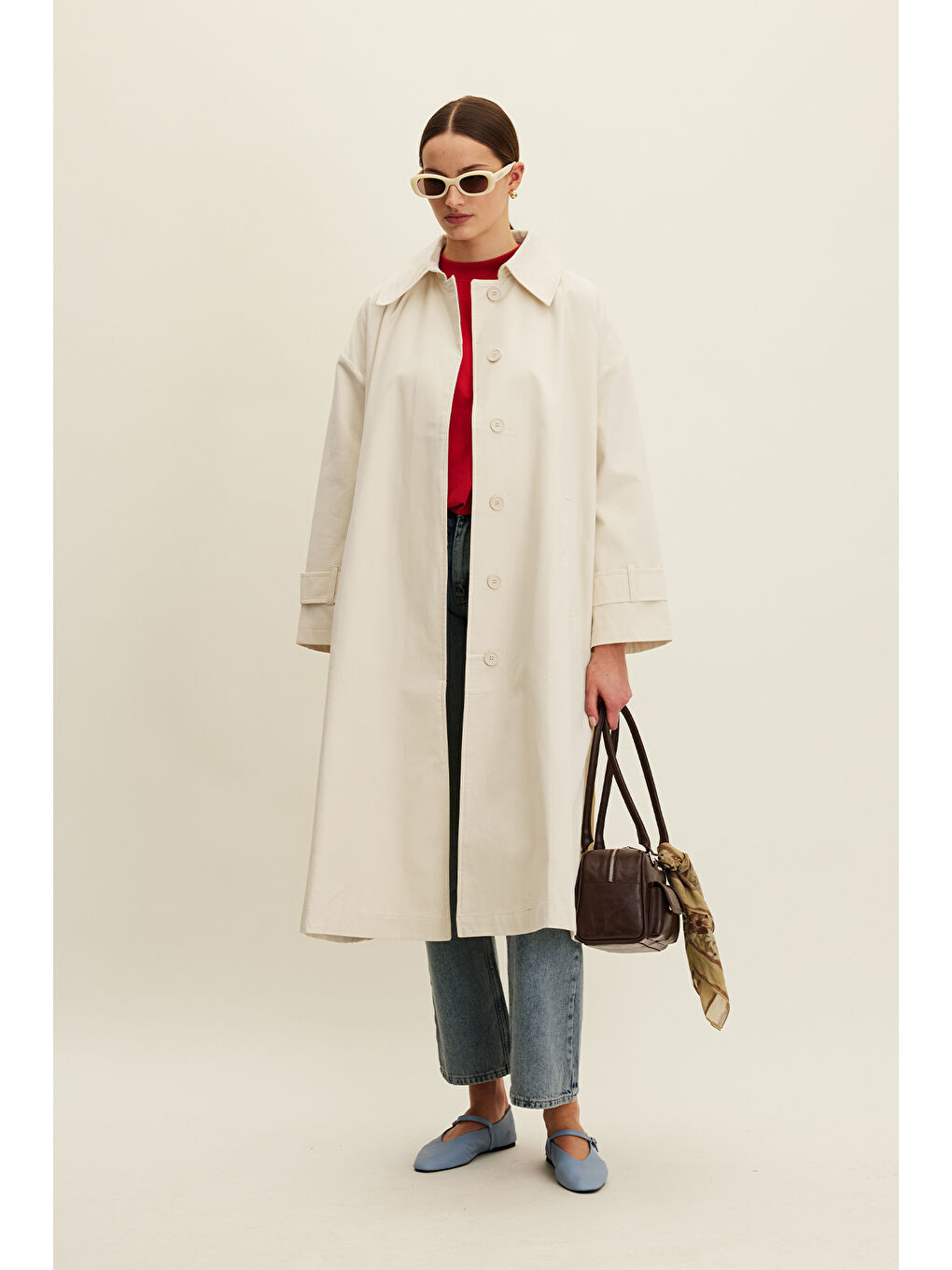 Ekru Kemerli Oversize Gabardin Trençkot Tereyağı