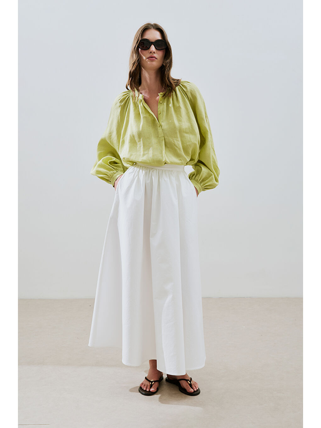 Yeşil İnce Keten Yakası Büzgülü Gömlek Lıme-3