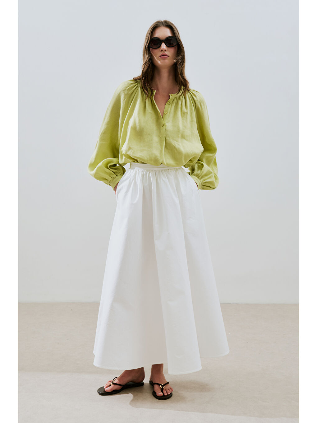 Yeşil İnce Keten Yakası Büzgülü Gömlek Lıme-4