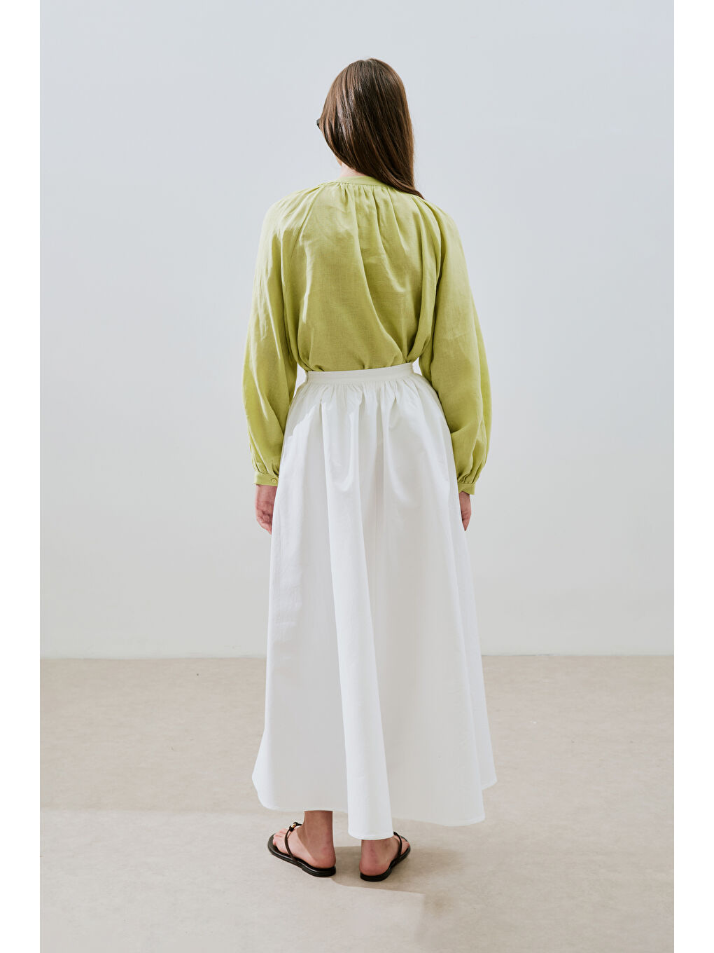Yeşil İnce Keten Yakası Büzgülü Gömlek Lıme-7