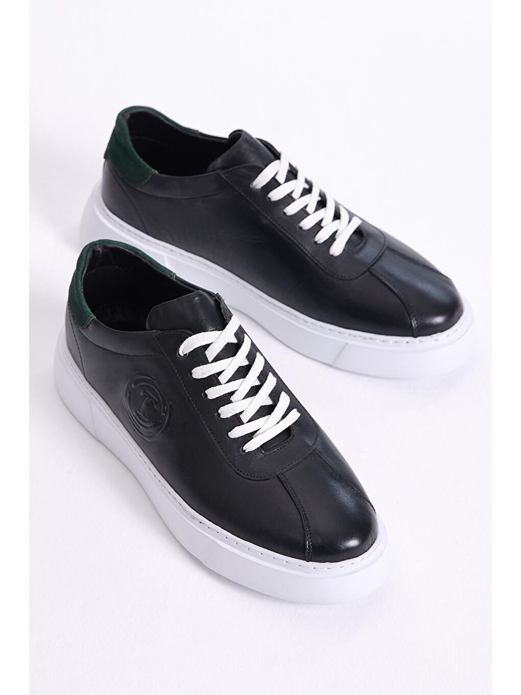 Erkek Siyah Yeşil Yanı Baskılı Bağcıklı Hakiki Deri Spor Ayakkabı-1