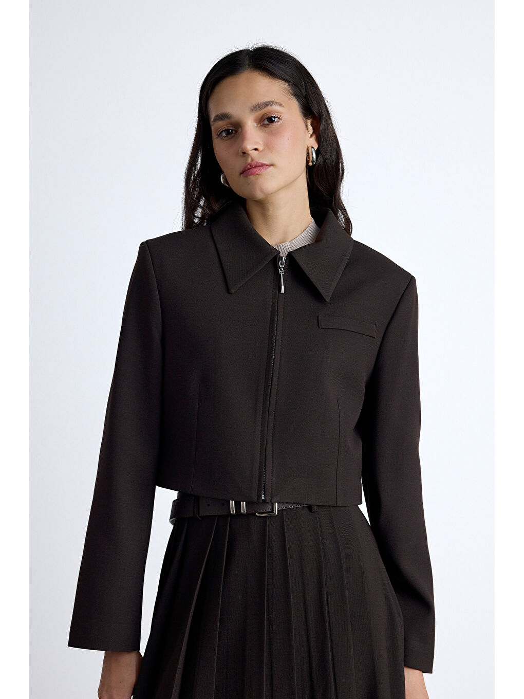 Kahverengi Klasik Kesim Crop Blazer Ceket Acı Kahve-1