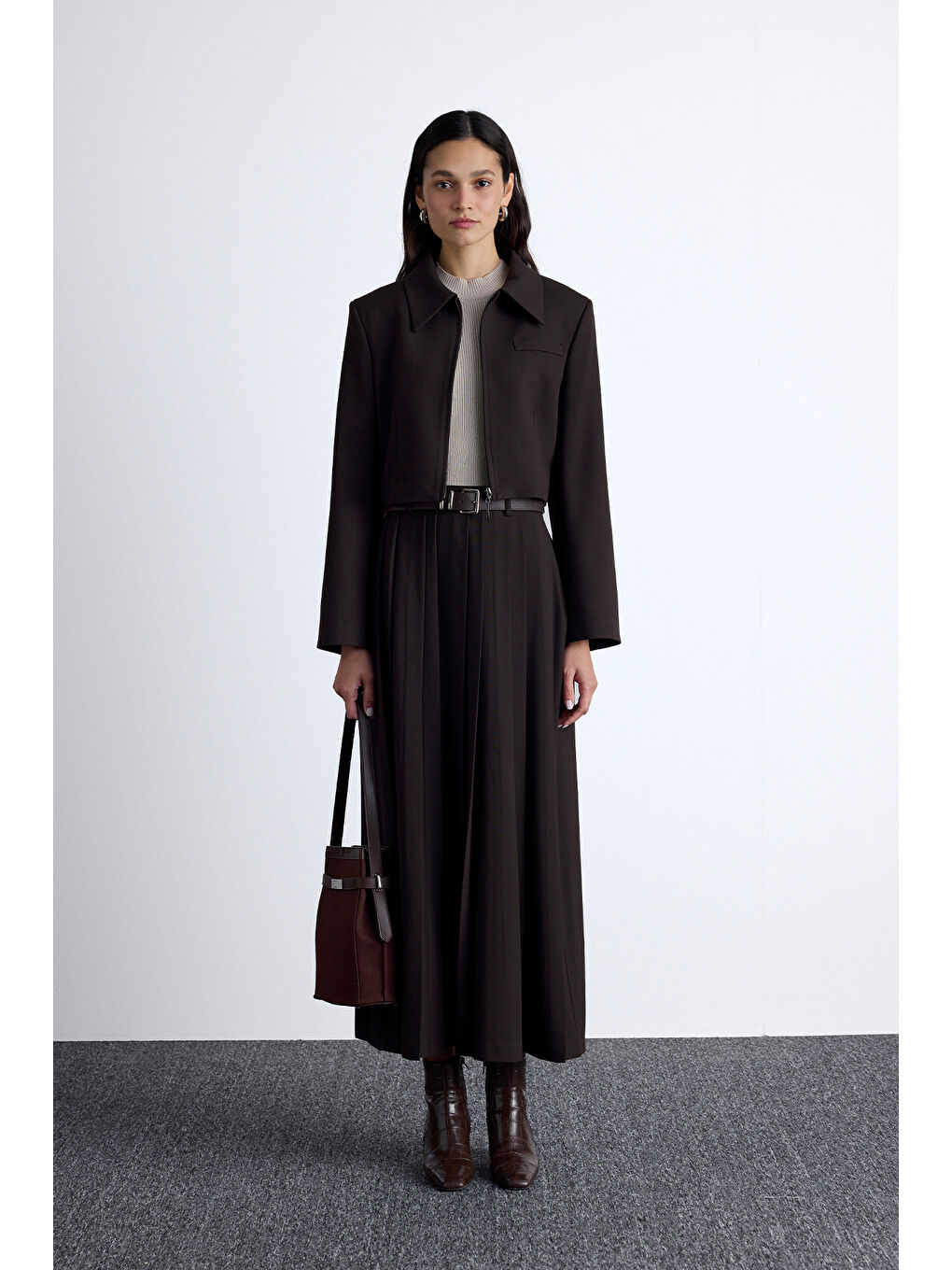 Kahverengi Klasik Kesim Crop Blazer Ceket Acı Kahve-2