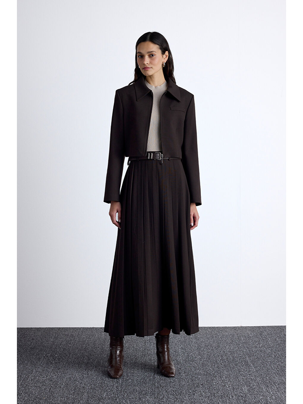 Kahverengi Klasik Kesim Crop Blazer Ceket Acı Kahve-3