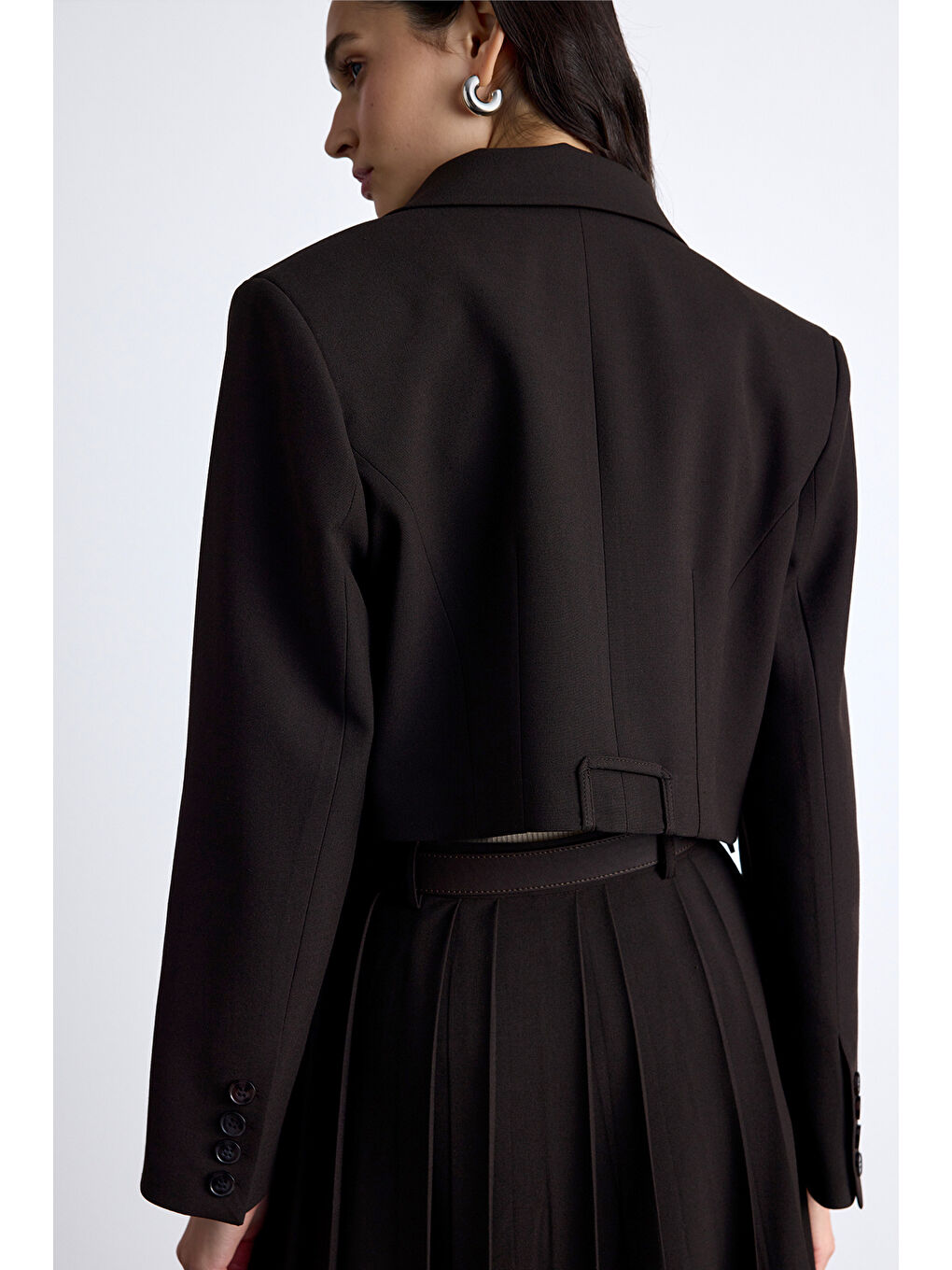 Kahverengi Klasik Kesim Crop Blazer Ceket Acı Kahve-4