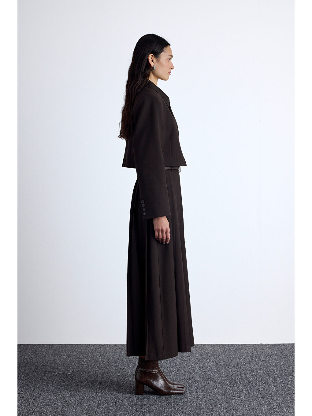 Kahverengi Klasik Kesim Crop Blazer Ceket Acı Kahve-5