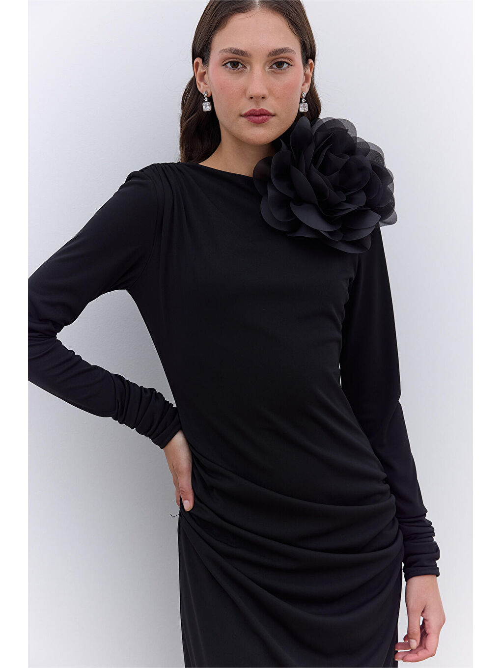 Haıley Drapeli Abiye Elbise Siyah-4