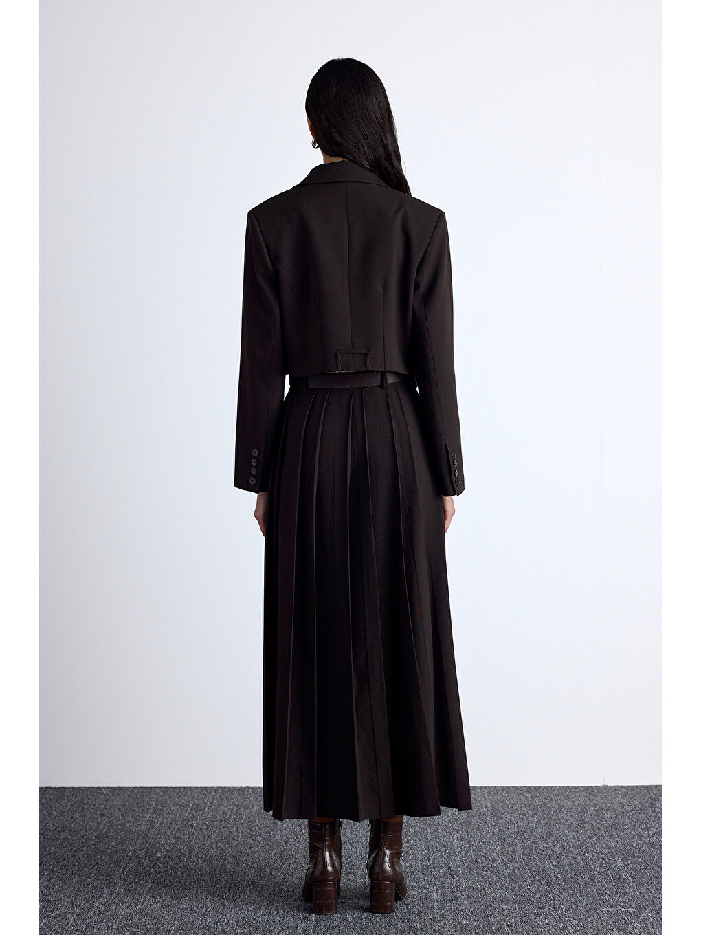 Kahverengi Klasik Kesim Crop Blazer Ceket Acı Kahve-6