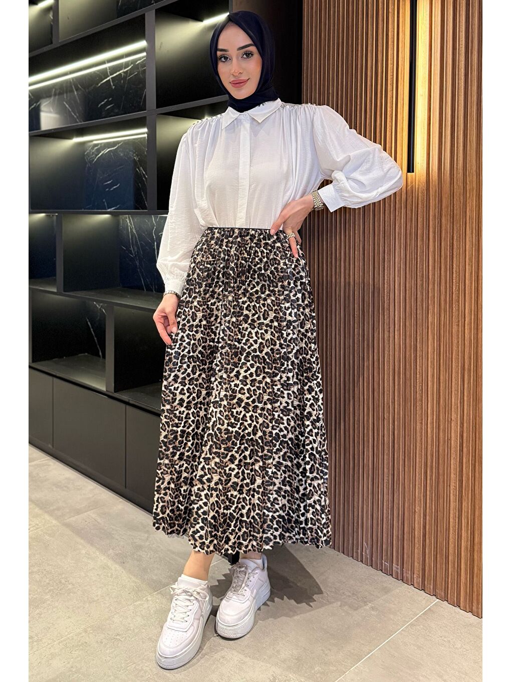 Haki Leopar Desenli Tesettür Pileli Etek-1