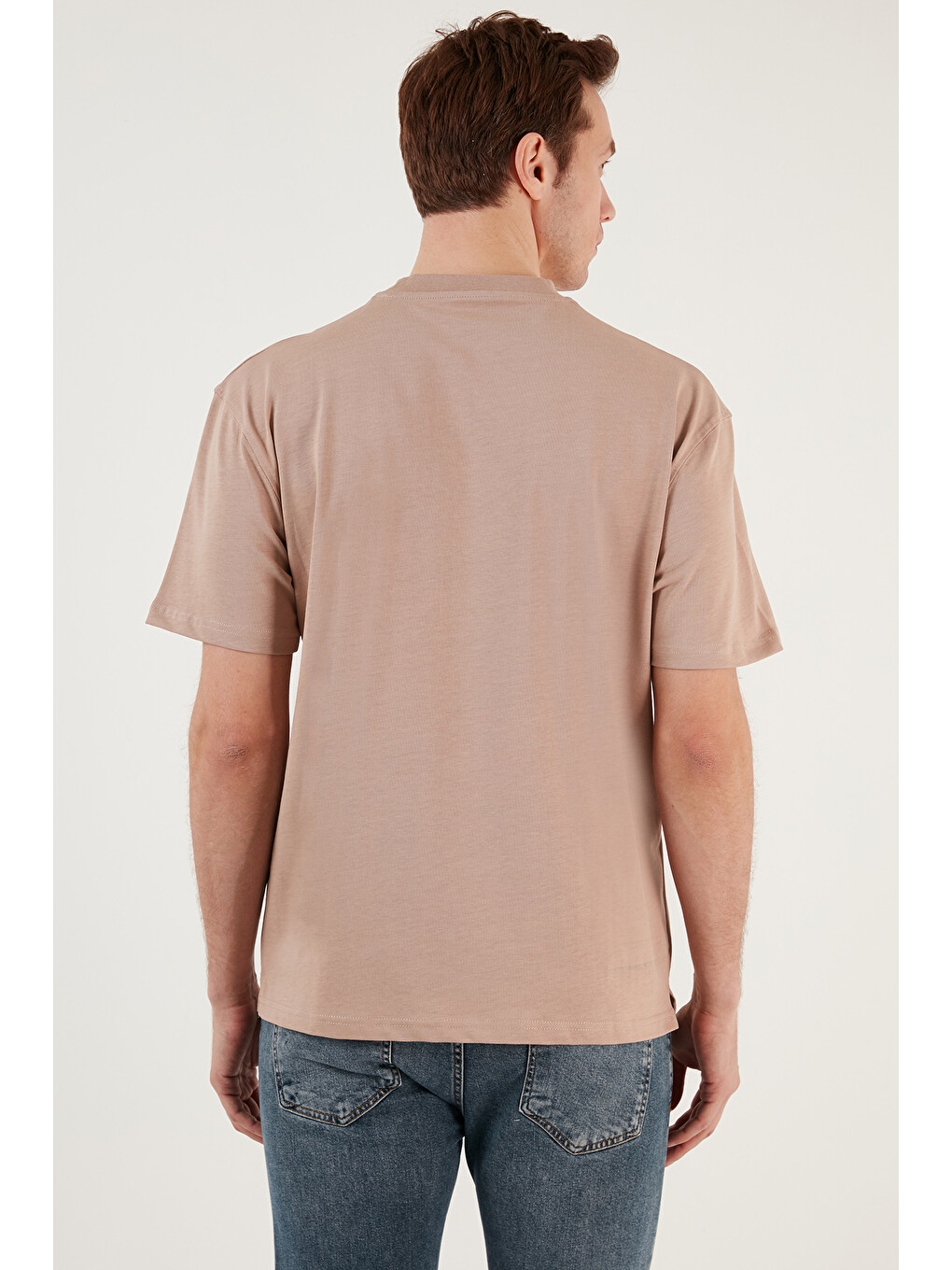 Bej Pamuklu Relaxed Fit Sıfır Yaka Erkek T Shirt 5905446-5