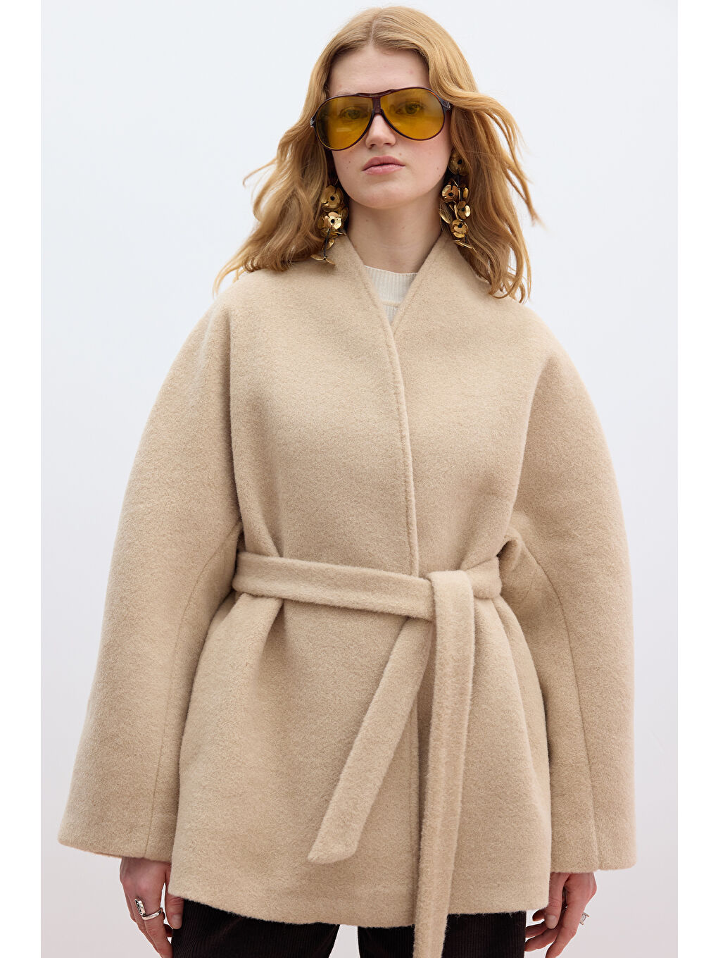 Kahverengi Kalın Kaşe Kimono Kaban Sütlü Kahve