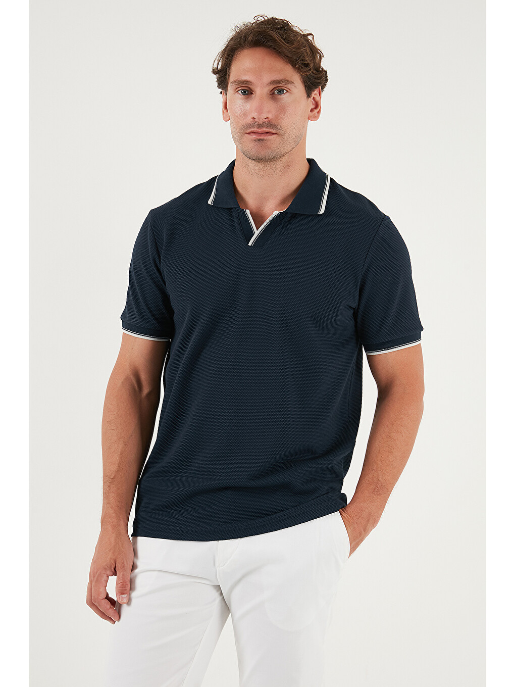 İndigo Streç Pamuklu Regular Fit Şerit Detaylı Polo Yaka T Shirt 5902768-4