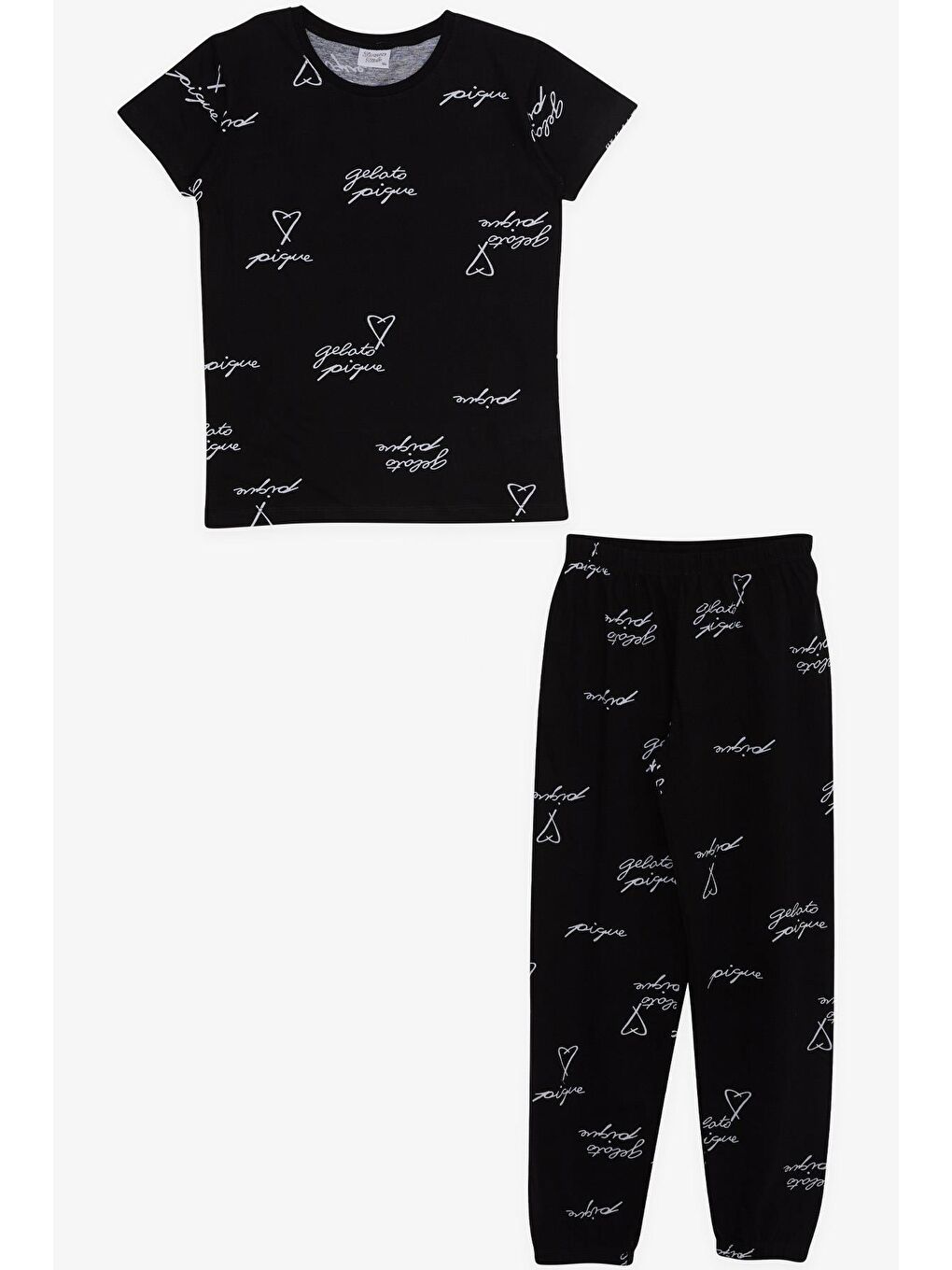 Kız Çocuk Pijama Takımı Kalpli Yazı Desenli Siyah (9 Yaş)