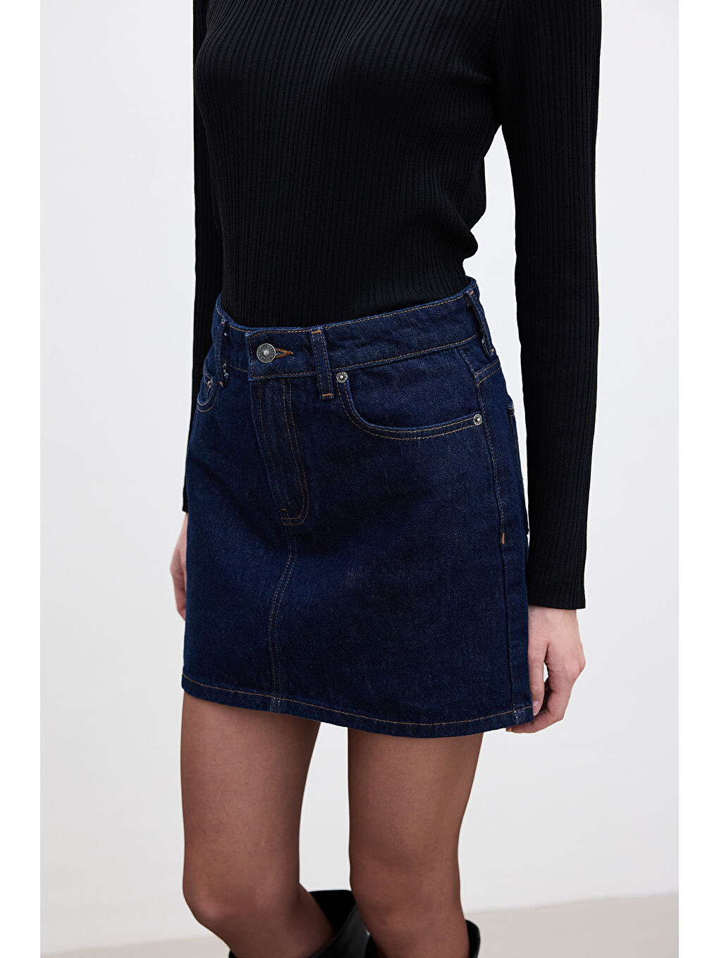 Karışık Denim Kısa Etek Derin Mavi-6