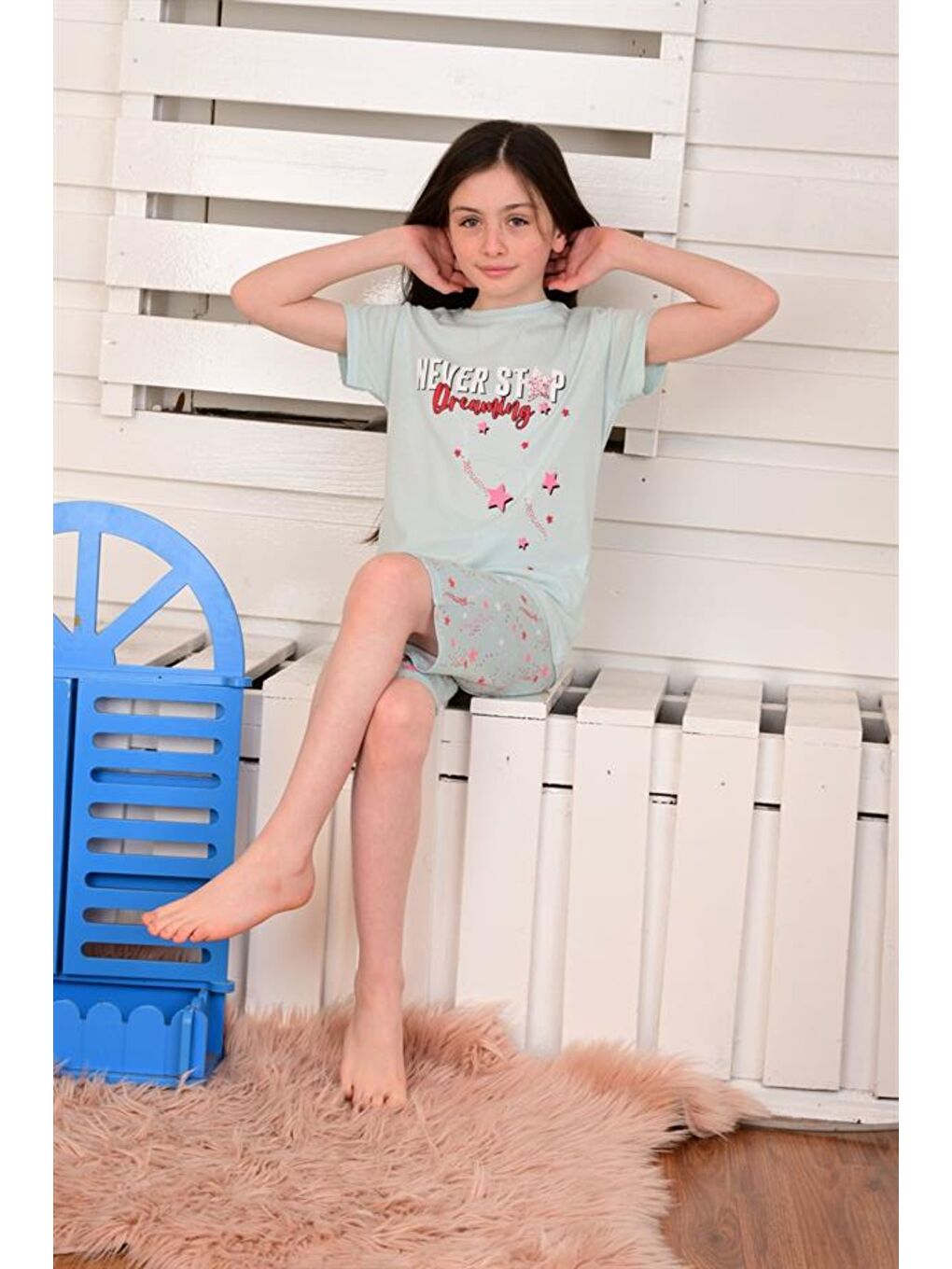 Yeşil Kız Çocuk Kısa Kollu Kapri Pijama Takımı Never Stop Mint