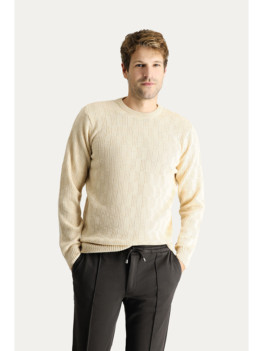 Bej Bisiklet Yaka Regular Fit Yünlü Düz Triko Büyük Beden Kazak-2