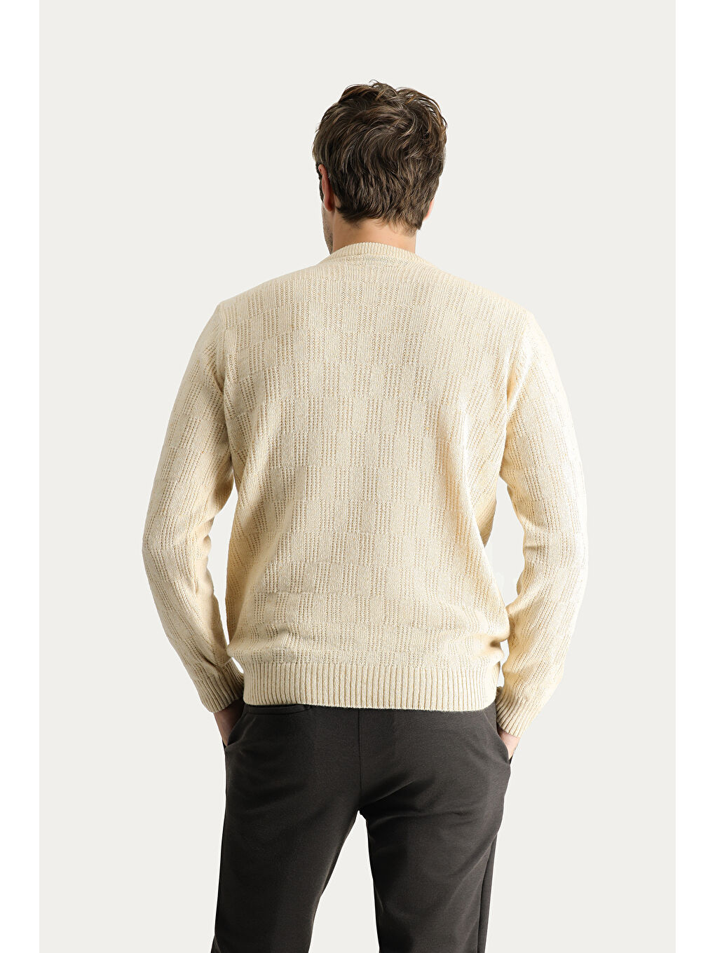 Bej Bisiklet Yaka Regular Fit Yünlü Düz Triko Büyük Beden Kazak-3