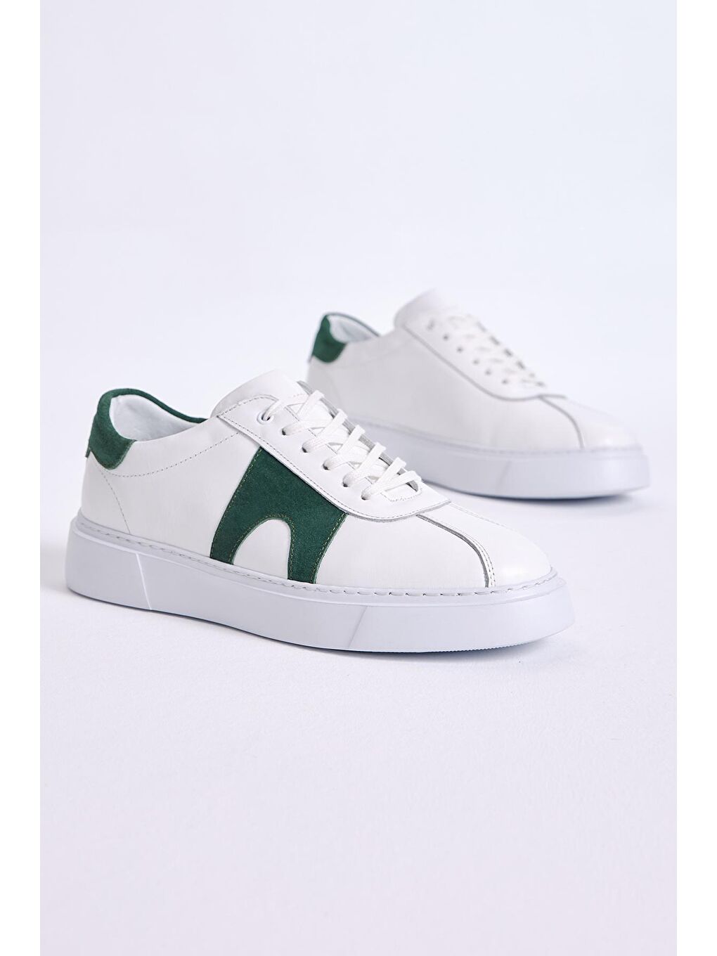 Erkek Beyaz Yeşil Bağcıklı Hakiki Deri Spor Ayakkabı-2