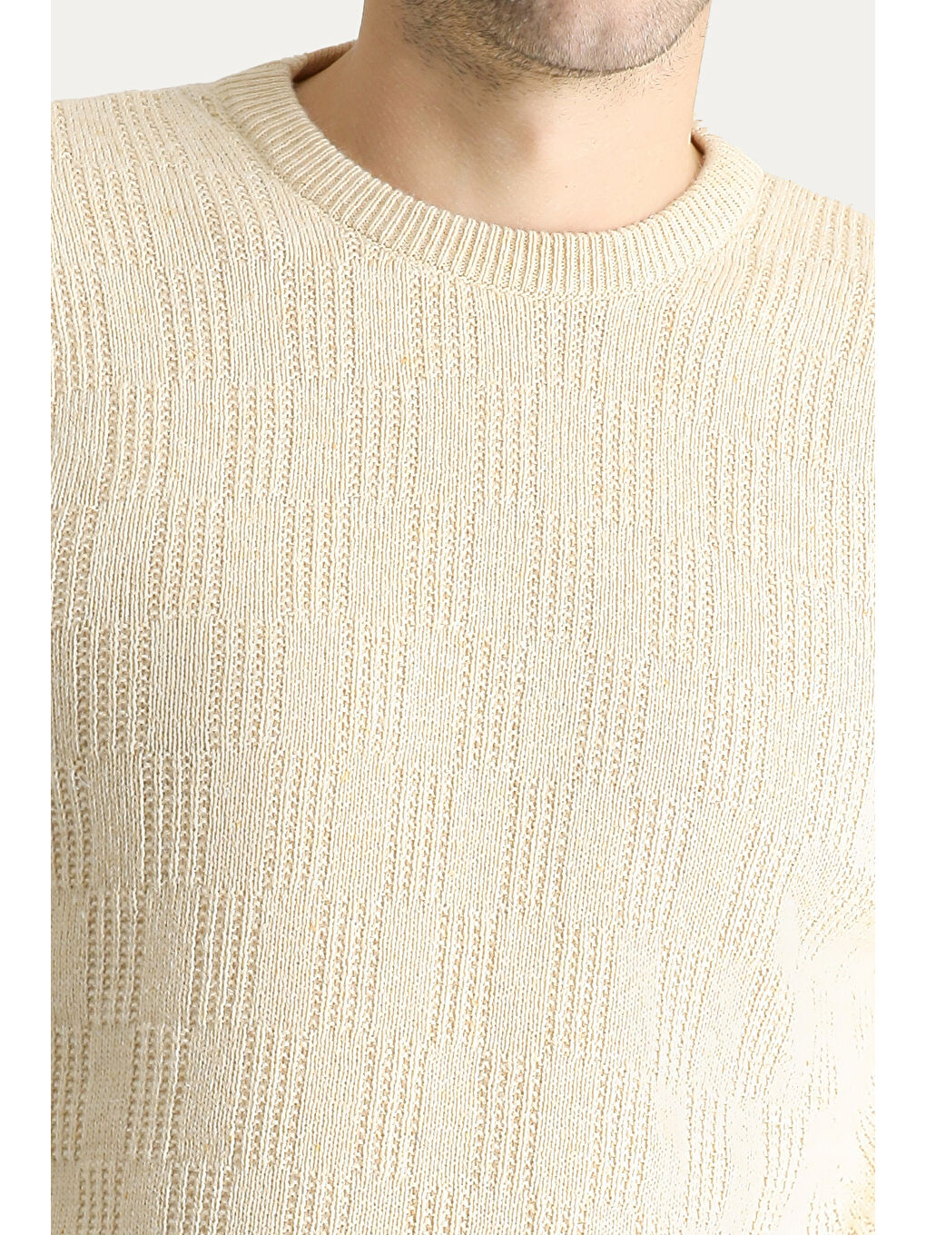 Bej Bisiklet Yaka Regular Fit Yünlü Düz Triko Büyük Beden Kazak-4