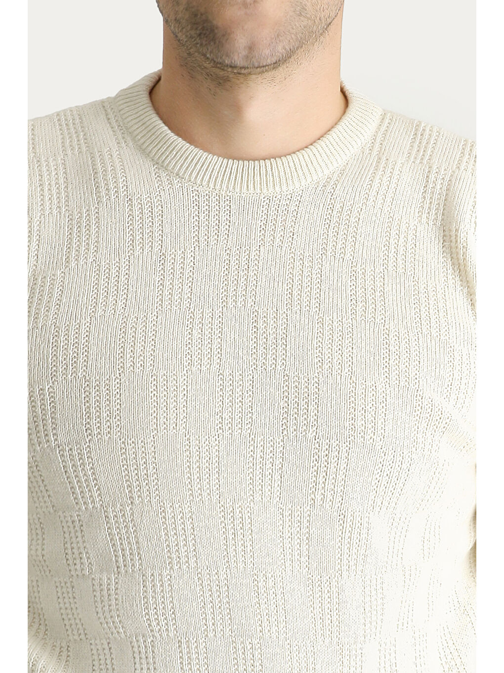 Ekru Bisiklet Yaka Regular Fit Yünlü Düz Triko Kazak-3