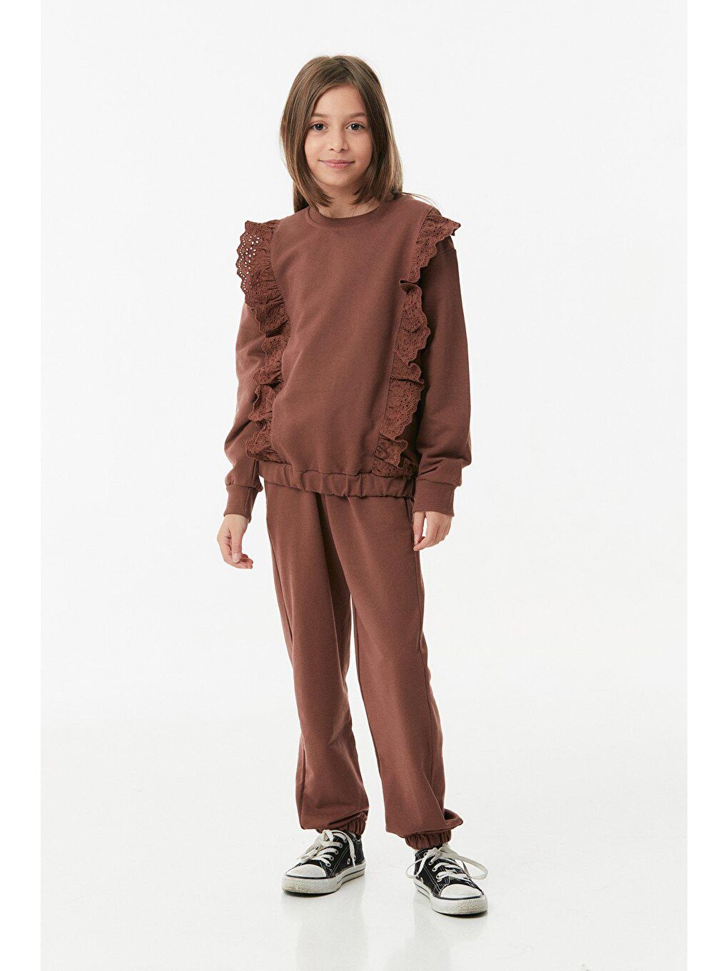 Kahverengi Güpürlü Bisiklet Yaka Kız Çocuk Takım
