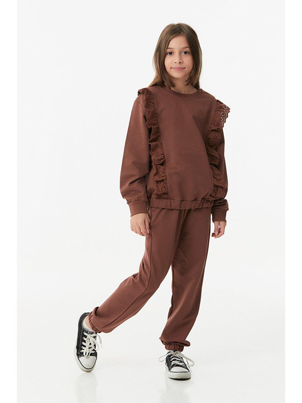 Kahverengi Güpürlü Bisiklet Yaka Kız Çocuk Takım-1