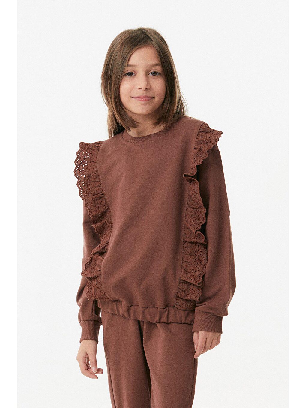 Kahverengi Güpürlü Bisiklet Yaka Kız Çocuk Takım-2