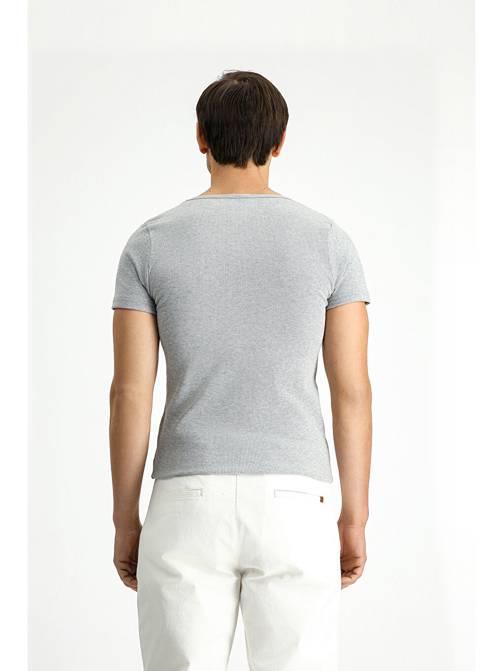 Gri Bisiklet Yaka Slim Fit Dar Kesim Pamuklu Fitilli Tişört-3