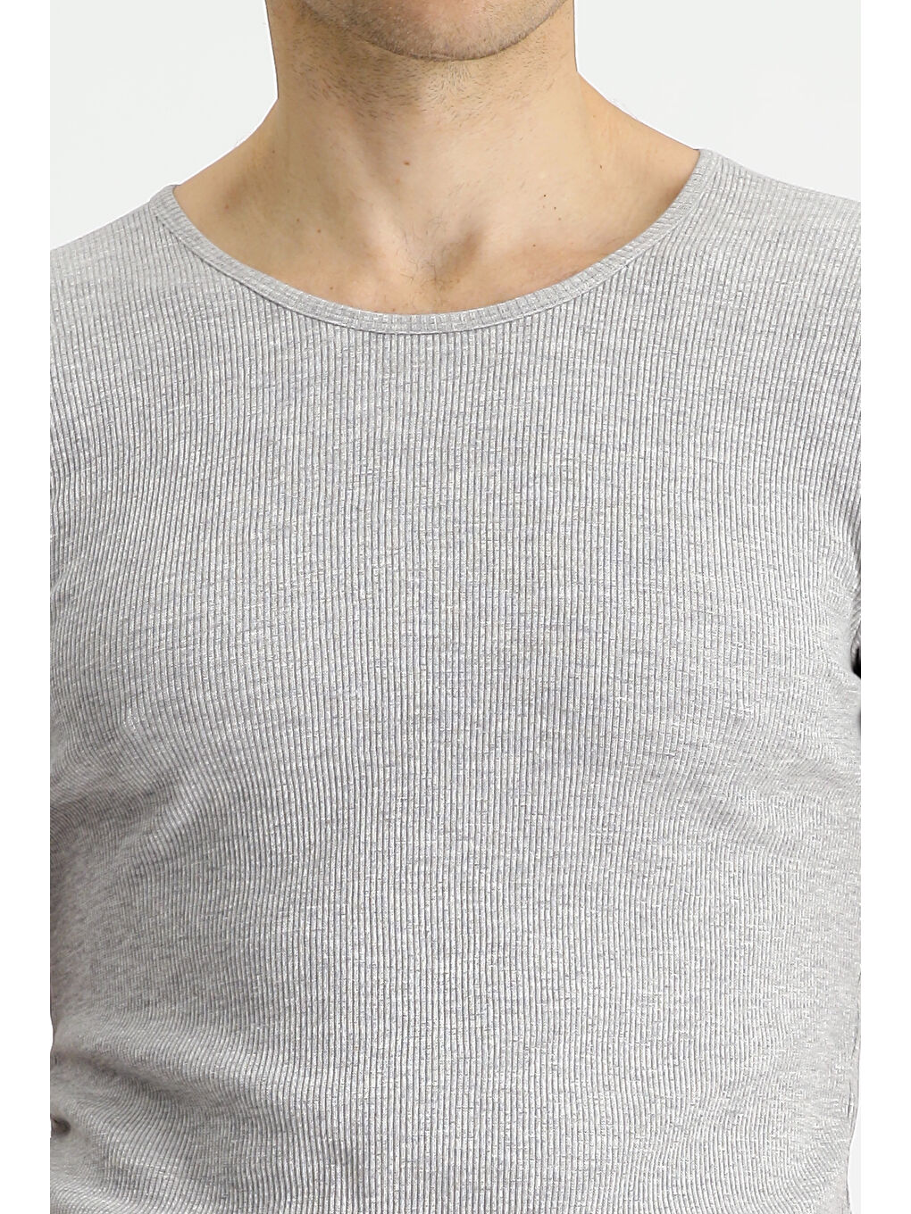 Gri Bisiklet Yaka Slim Fit Dar Kesim Pamuklu Fitilli Tişört-4