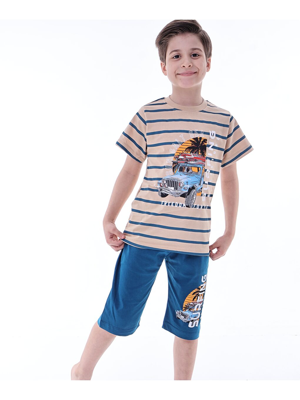 Mavi Erkek Çocuk %100 Doğal Pamuk Kısa Kollu  Kaprili Pijama Takımı