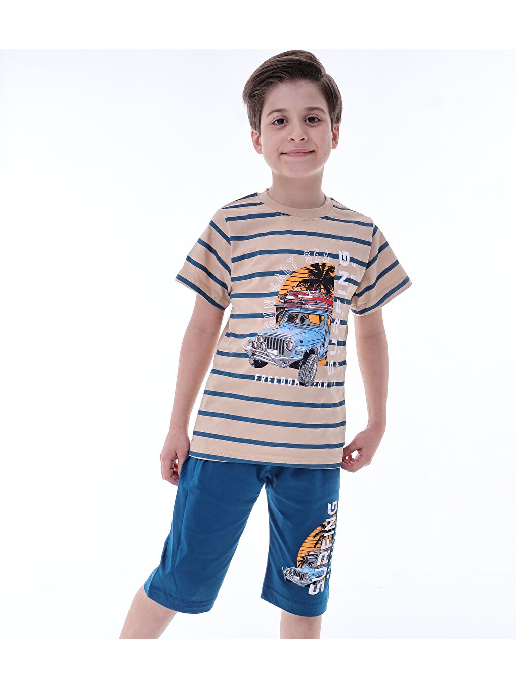 Mavi Erkek Çocuk %100 Doğal Pamuk Kısa Kollu  Kaprili Pijama Takımı-3