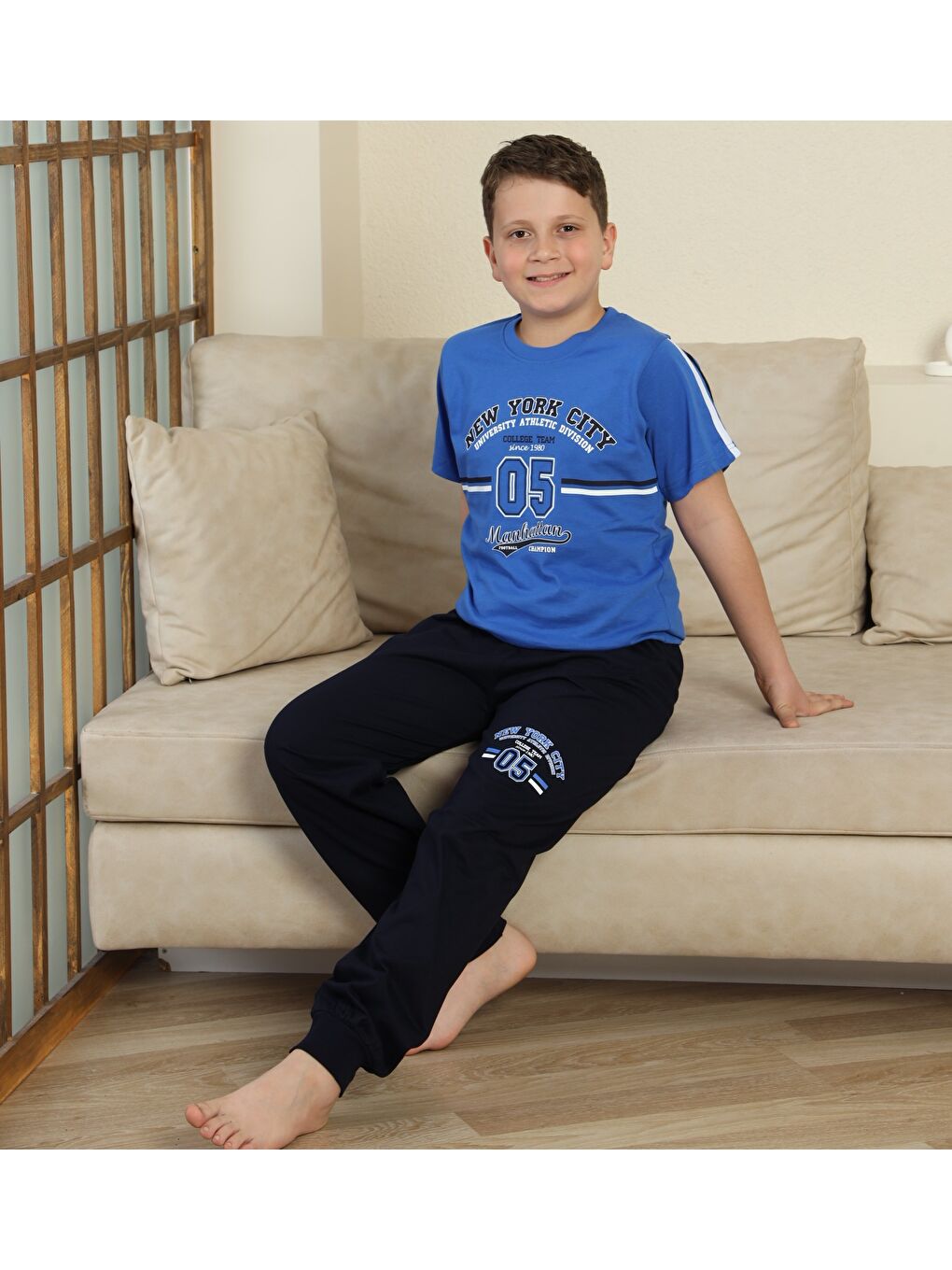 Mavi Erkek Çocuk %100 Doğal Pamuk Kısa Kollu Pijama Takımı-1