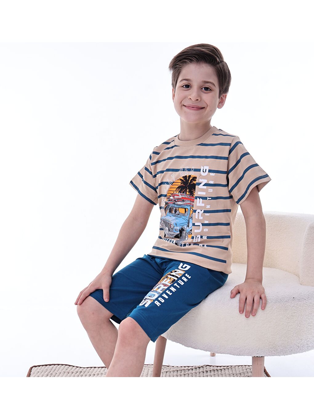 Mavi Erkek Çocuk %100 Doğal Pamuk Kısa Kollu  Kaprili Pijama Takımı-6