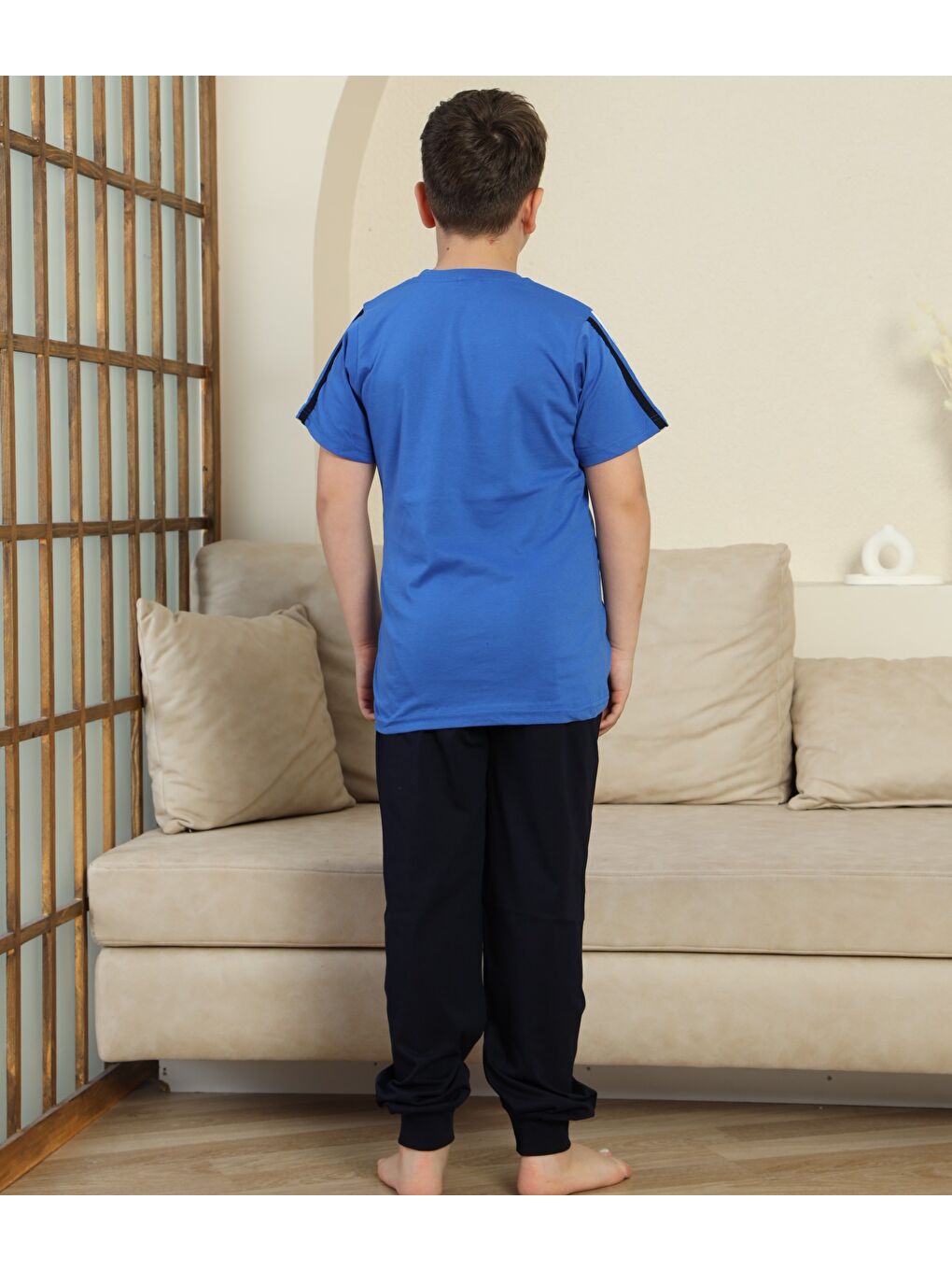 Mavi Erkek Çocuk %100 Doğal Pamuk Kısa Kollu Pijama Takımı-2