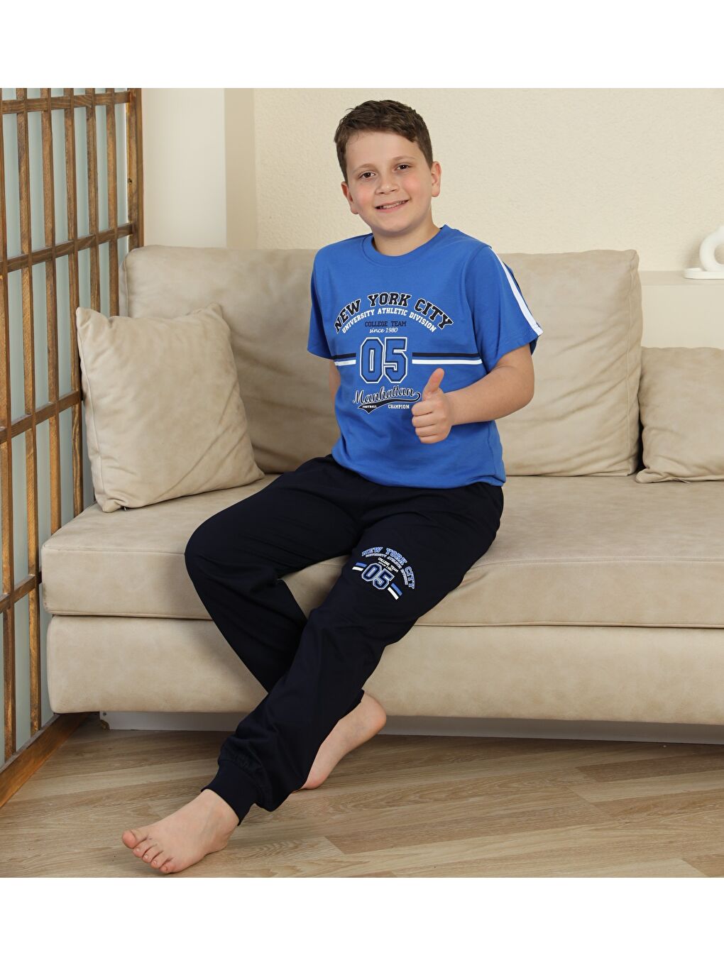 Mavi Erkek Çocuk %100 Doğal Pamuk Kısa Kollu Pijama Takımı-4