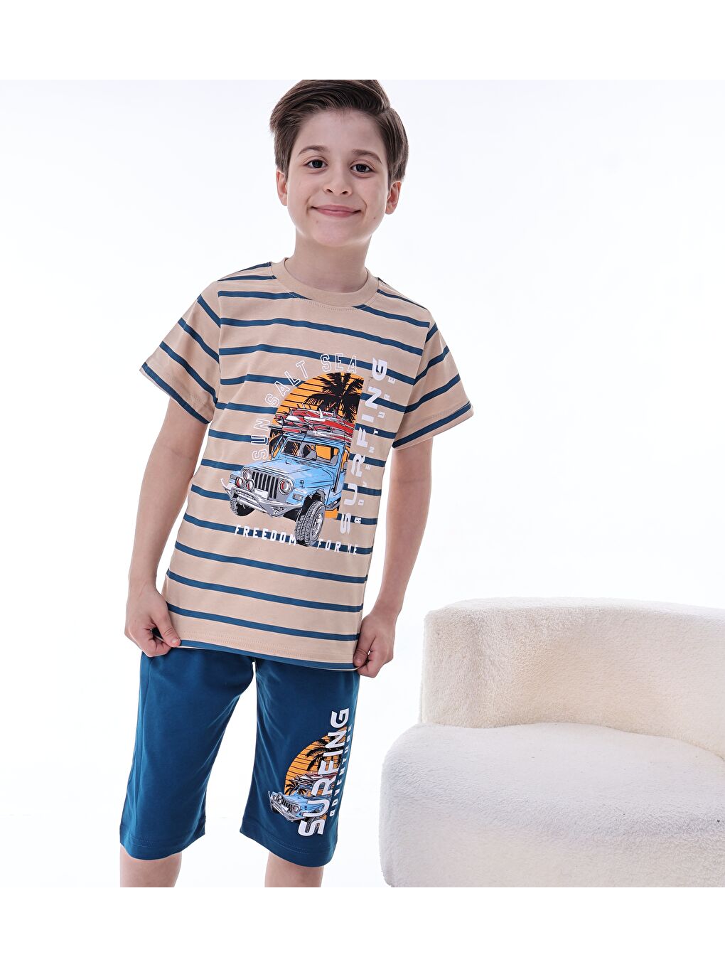 Mavi Erkek Çocuk %100 Doğal Pamuk Kısa Kollu  Kaprili Pijama Takımı-7