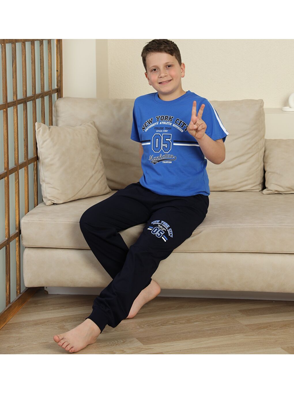 Mavi Erkek Çocuk %100 Doğal Pamuk Kısa Kollu Pijama Takımı-5