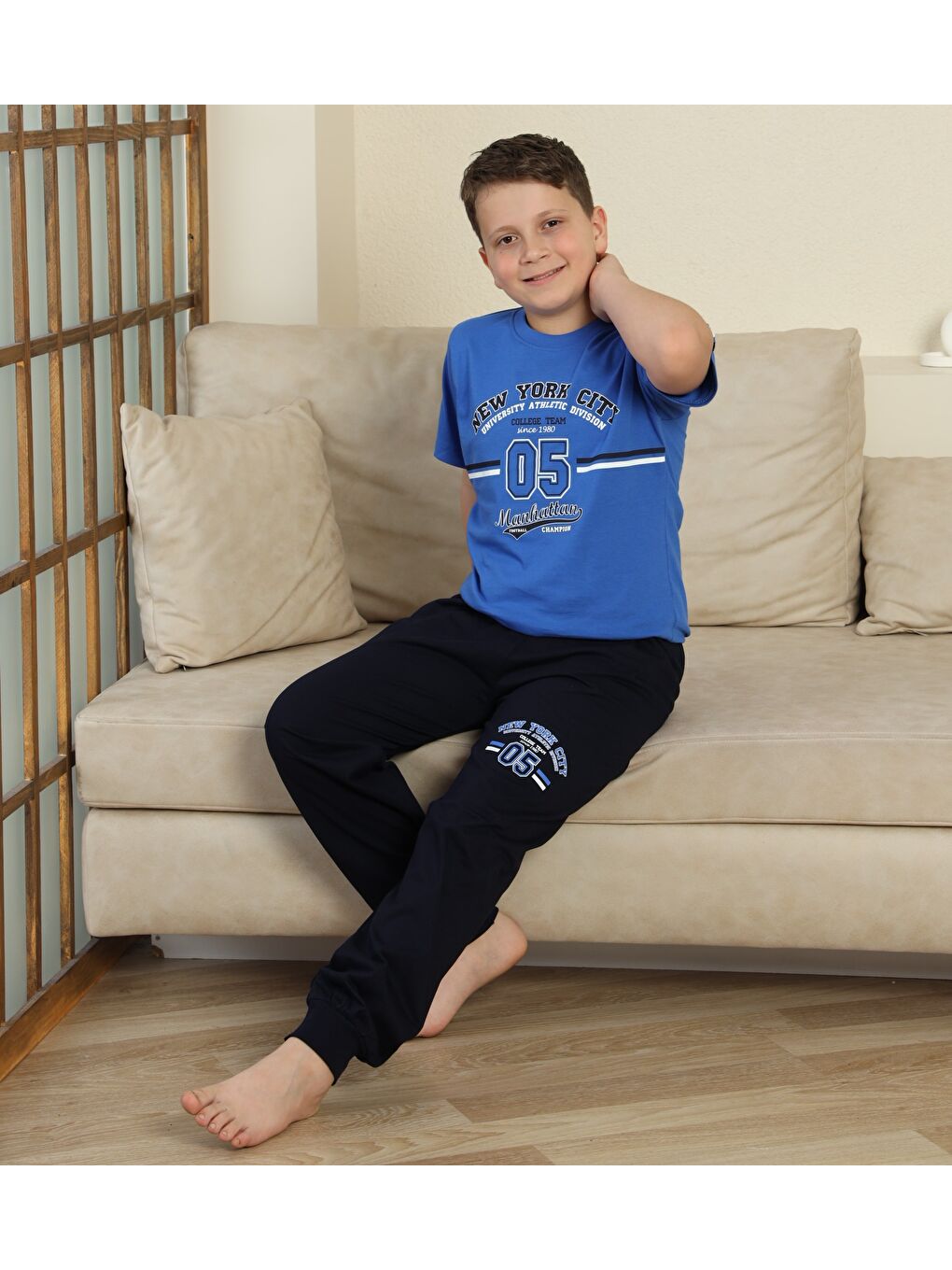 Mavi Erkek Çocuk %100 Doğal Pamuk Kısa Kollu Pijama Takımı-6