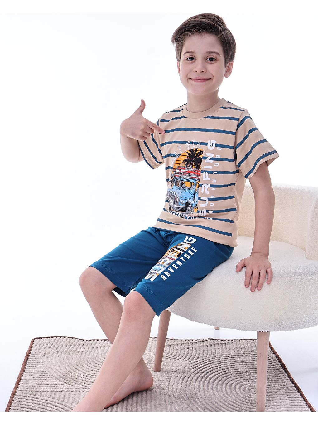 Mavi Erkek Çocuk %100 Doğal Pamuk Kısa Kollu  Kaprili Pijama Takımı-8