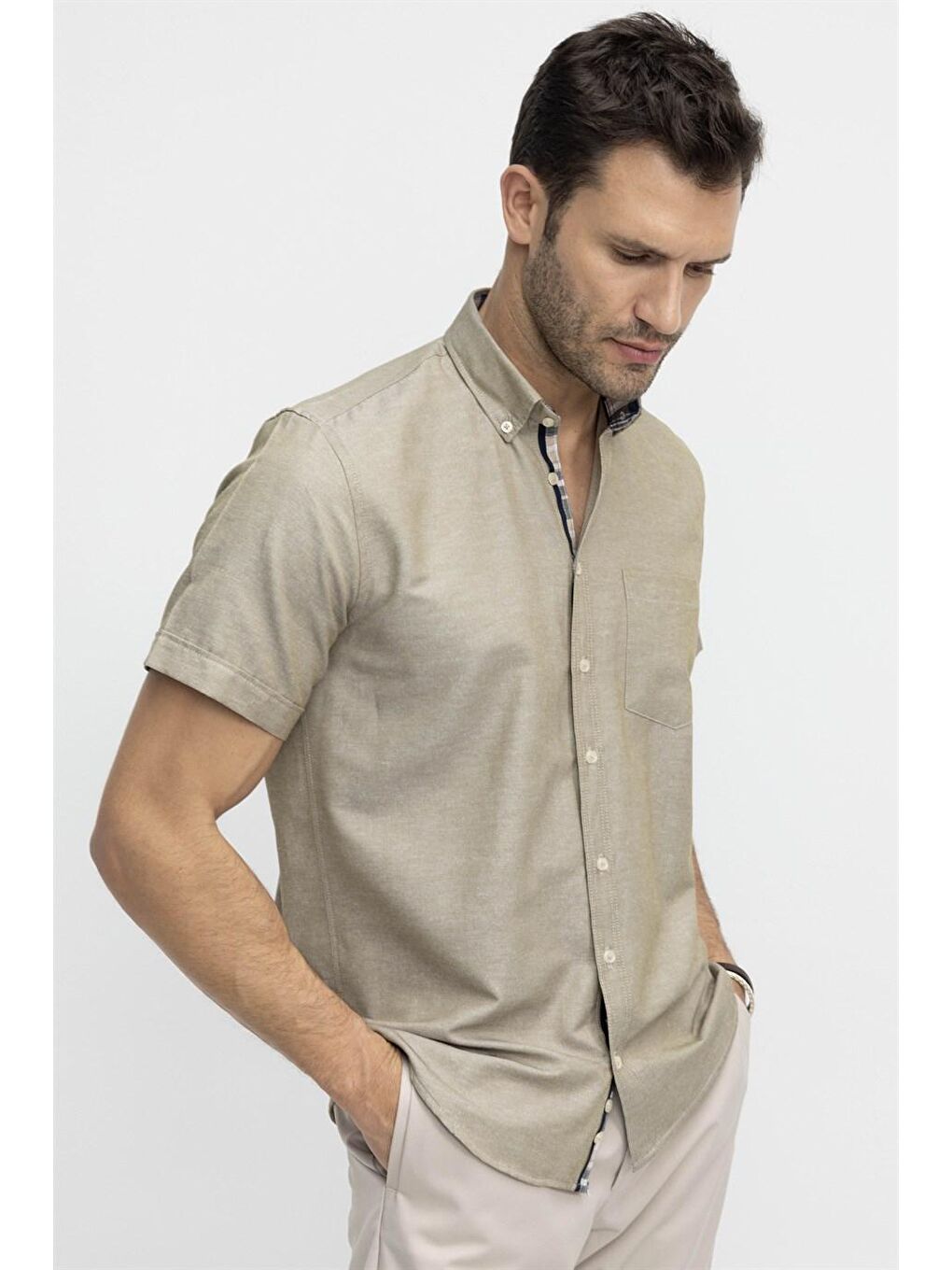 Tudors Klasik Fit Kısa Kol Düğmeli Yaka Poplin Oxford Erkek Bej Gömlek-1