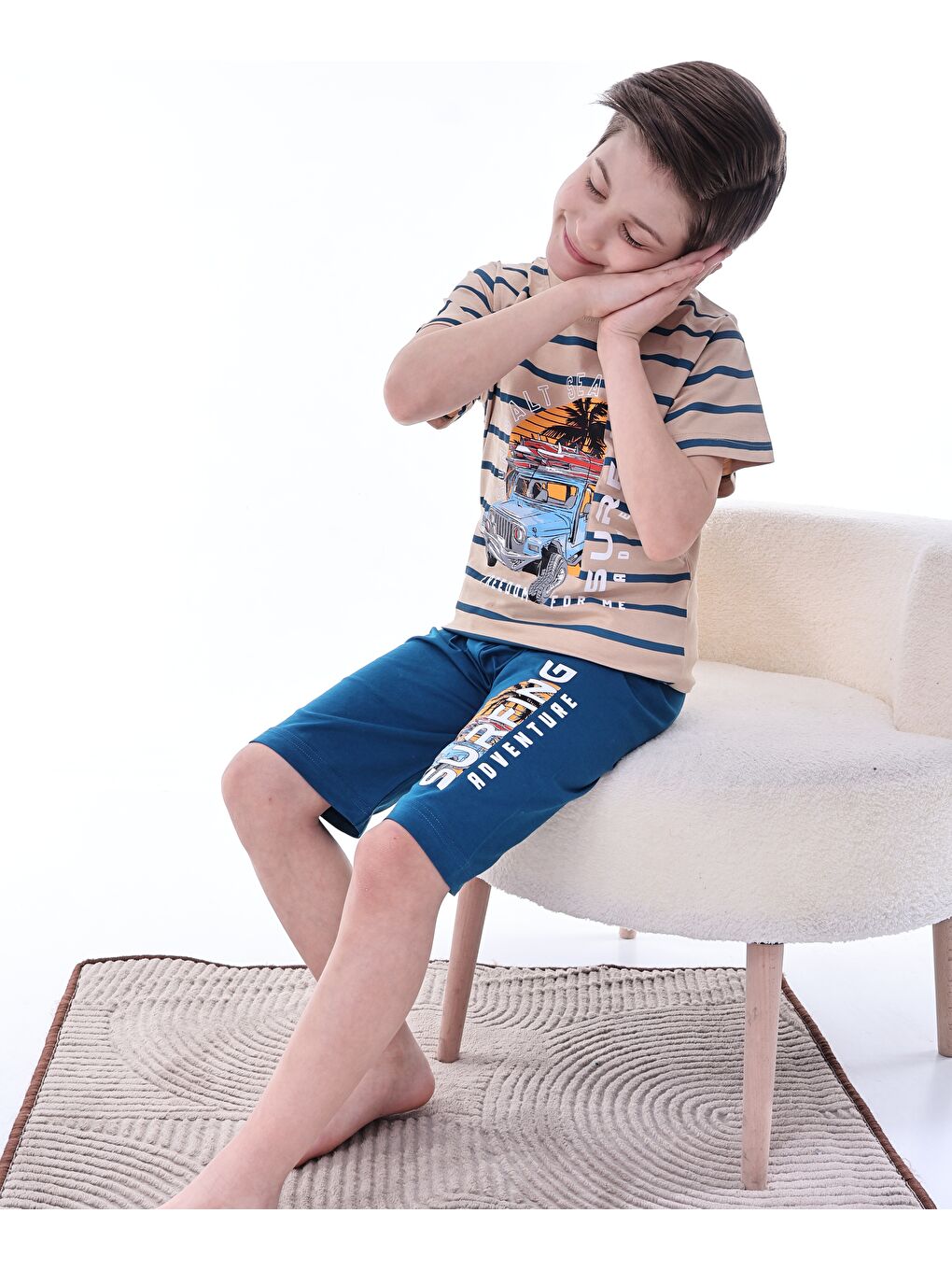 Mavi Erkek Çocuk %100 Doğal Pamuk Kısa Kollu  Kaprili Pijama Takımı-9