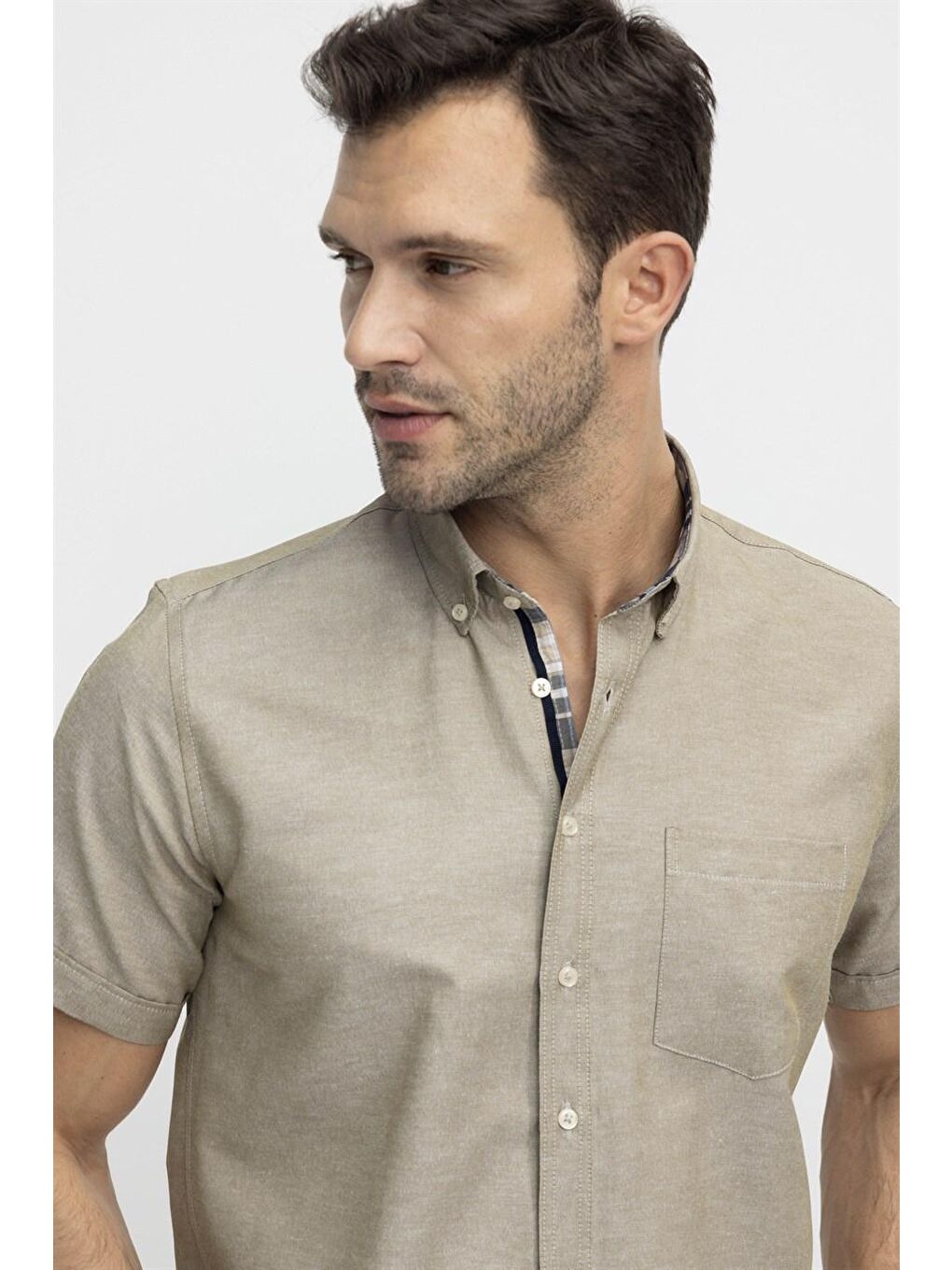 Tudors Klasik Fit Kısa Kol Düğmeli Yaka Poplin Oxford Erkek Bej Gömlek-2