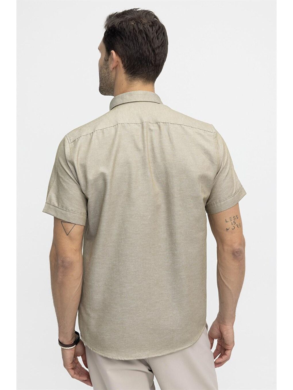 Tudors Klasik Fit Kısa Kol Düğmeli Yaka Poplin Oxford Erkek Bej Gömlek-3