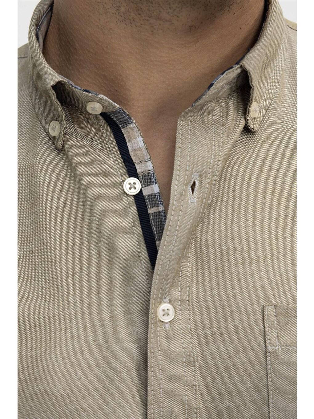 Tudors Klasik Fit Kısa Kol Düğmeli Yaka Poplin Oxford Erkek Bej Gömlek-4