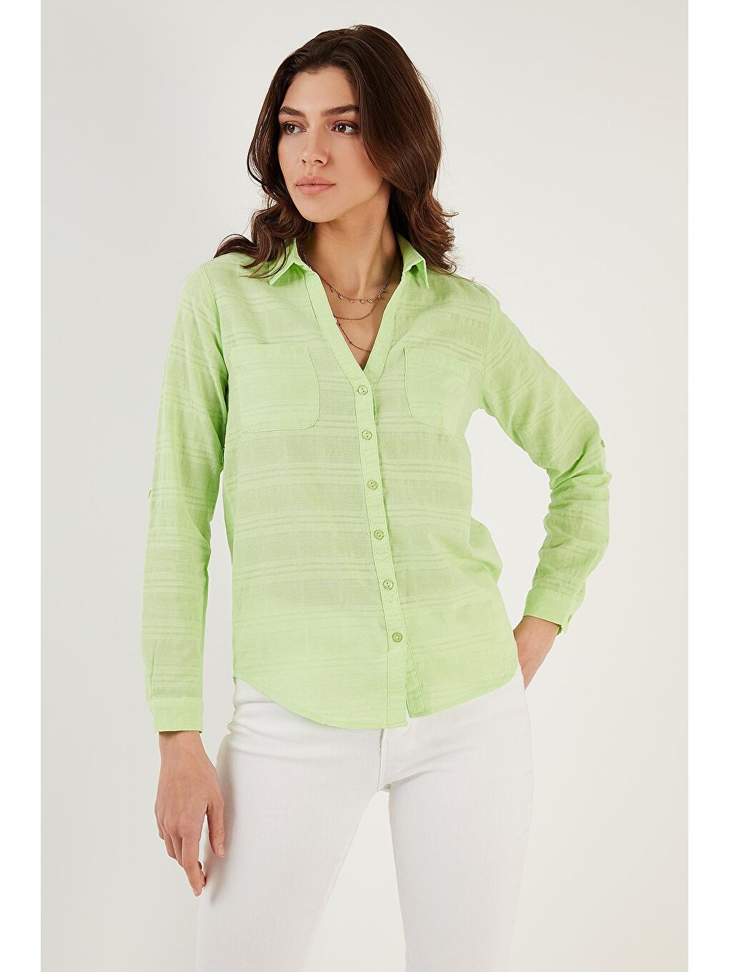Yeşil Pamuklu Çift Cepli Slim Fit Katlanabilir Kollu İnce Gömlek 514257518-2