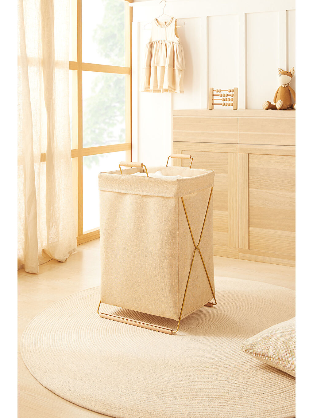 Bej Katlanabilir Metal Destekli Altın Renk Jüt Keten Çamaşır Sepeti 36 x 33 x 60 cm-3