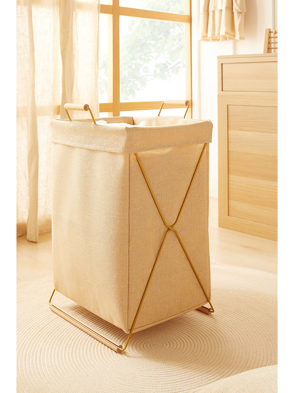 Bej Katlanabilir Metal Destekli Altın Renk Jüt Keten Çamaşır Sepeti 36 x 33 x 60 cm-5