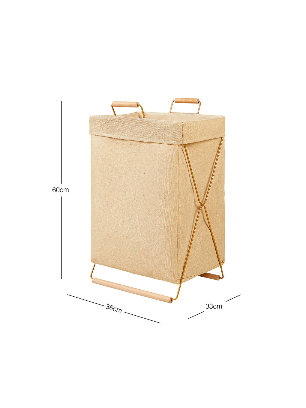 Bej Katlanabilir Metal Destekli Altın Renk Jüt Keten Çamaşır Sepeti 36 x 33 x 60 cm-6