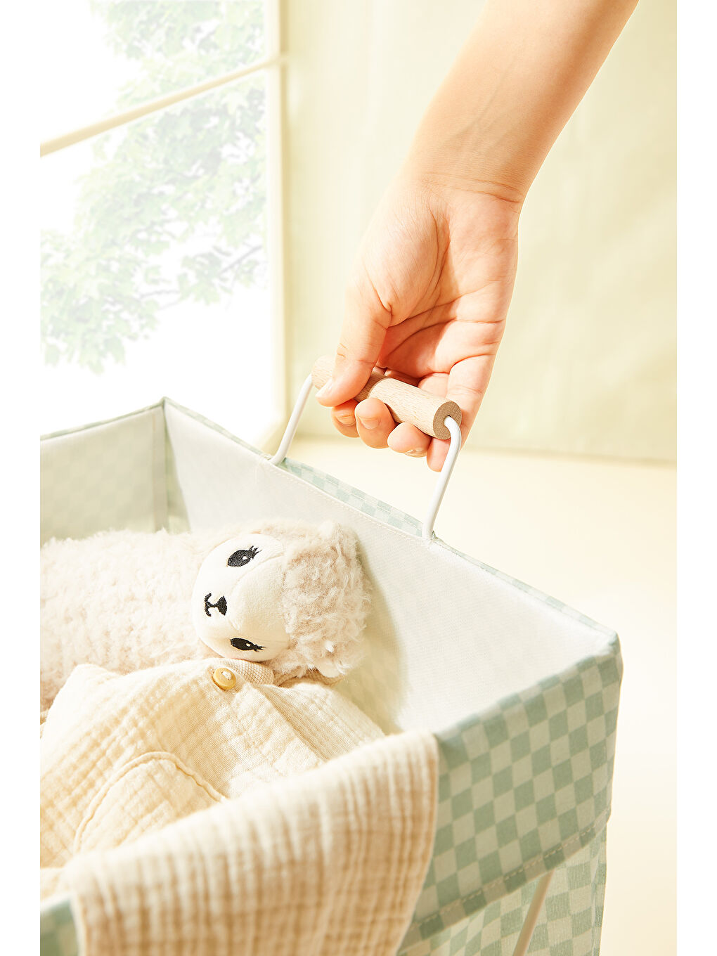 Yeşil Katlanabilir Metal Destekli Beyaz Renk Mint Dama Desen Çamaşır Sepeti 36 x 33 x 60 cm-2